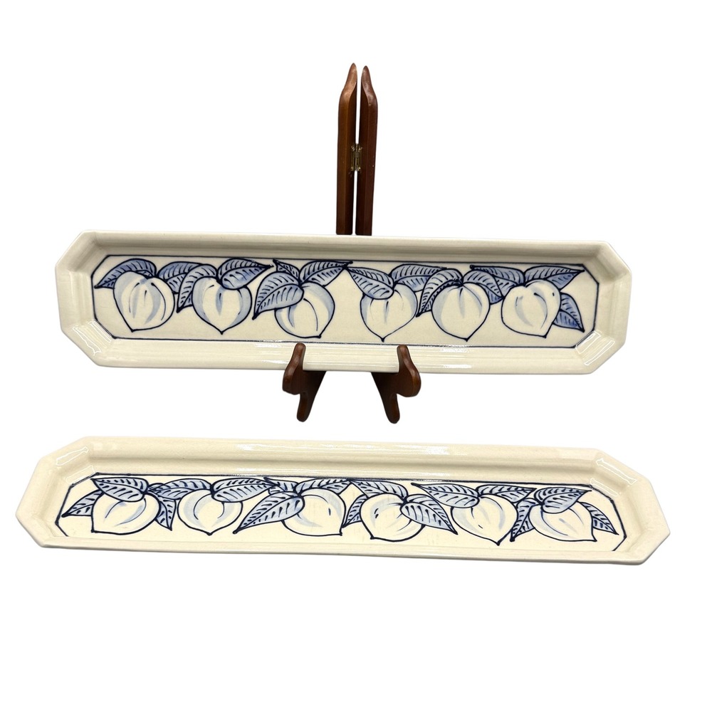 Set 2 Vtg Mort Blue White Peach‎  ceramic Serving Trays 21" Art Deco